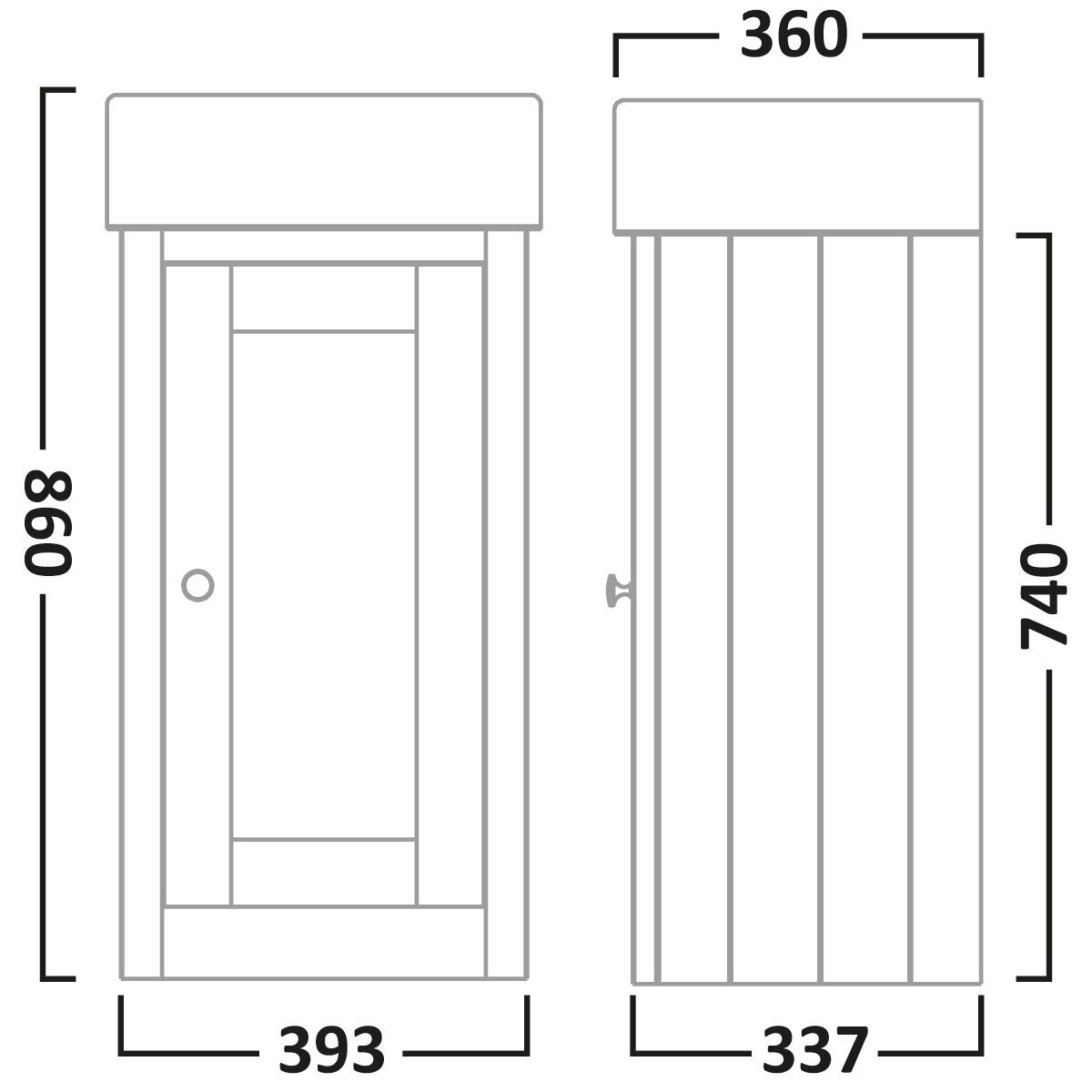 Line drawing of unit on white background with dimensions