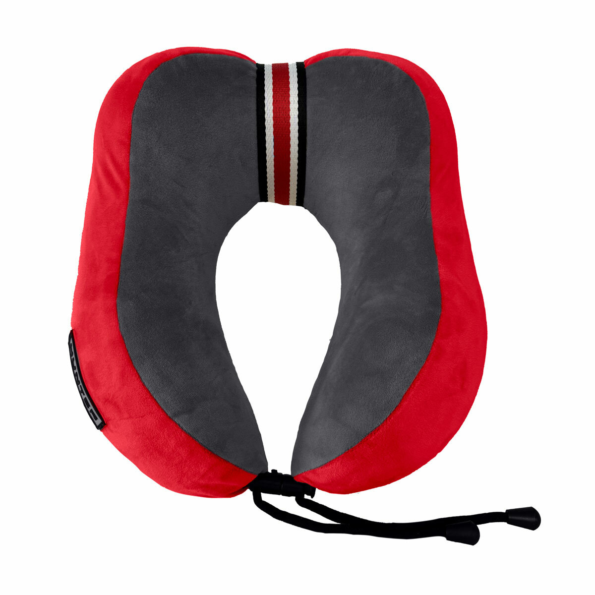 Red and dark grey travel pillow with striped accent and secure drawstring