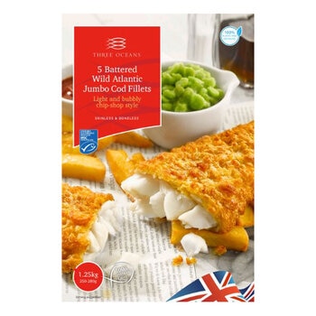 Three Oceans 5 Battered Cod Fillets, 1.25kg