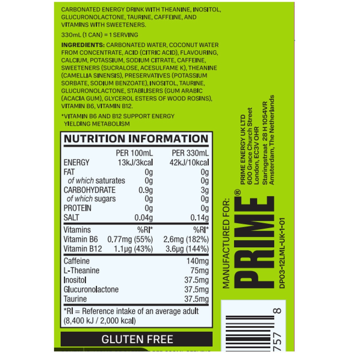 PRIME Energy Lemon Lime, 24 x 330ml