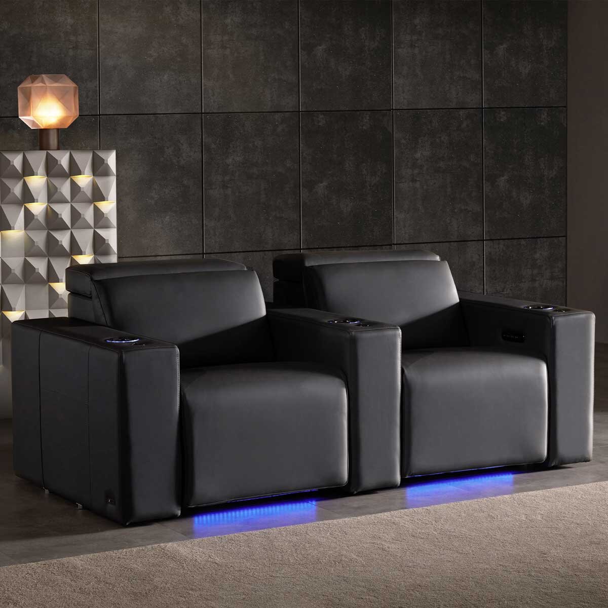 Valencia Barcelona Row of 2 Black Leather Power Reclining Home Theatre Seating