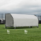 Lifestyle image of the back Quickplay Pro Alu Club Shelter 16 x 6ft with the dimensions shown for each side