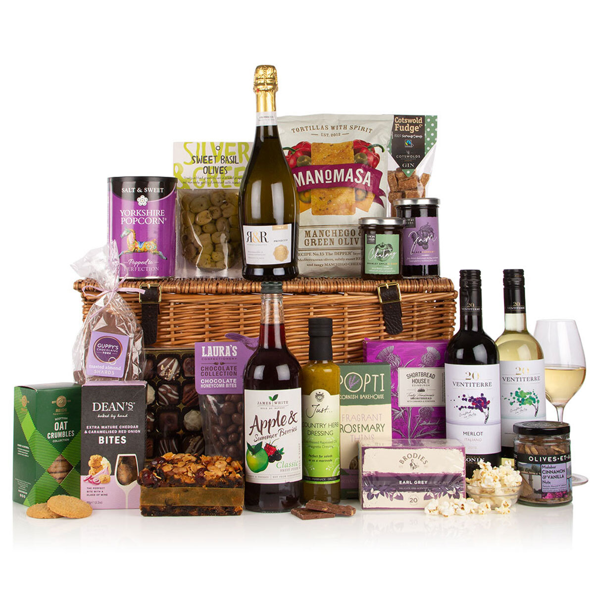 Hamper with contents above and around the basket