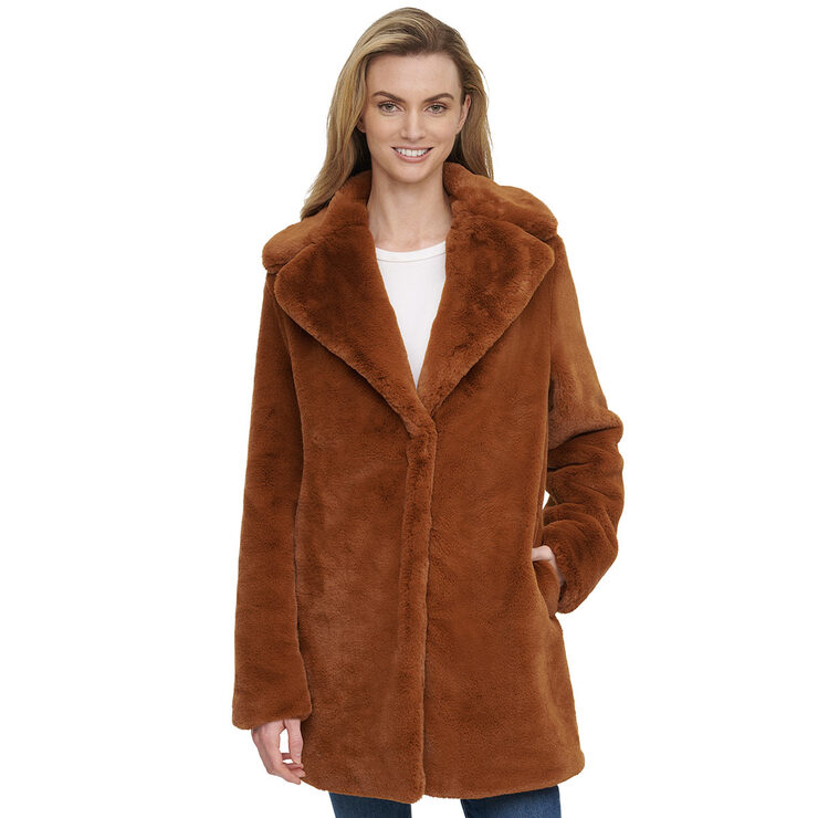 Andrew Marc Women's Faux Fur Shawl Collar Coat in Brown, Medium | Costco UK