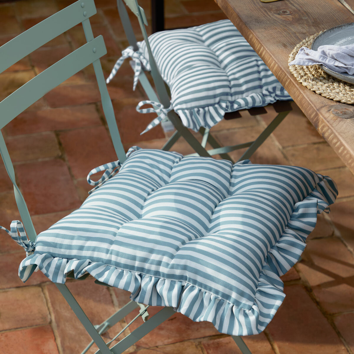 Wylder Millie Ruffle Blue Striped Indoor Outdoor Seat Pad 2 Pack, 40 x 40 cm