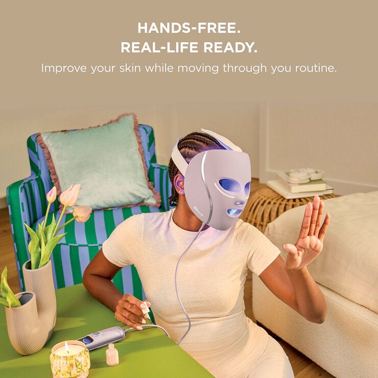 Lifestyle image of model using the mask