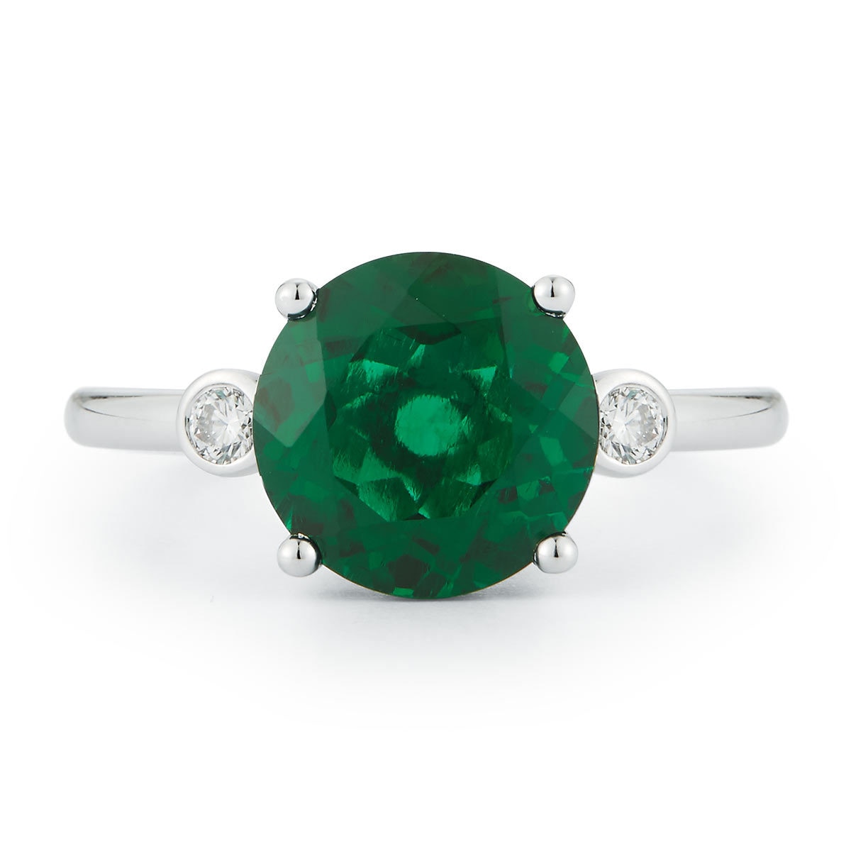 Round Cut Lab Emerald & 0.13ctw Diamond Ring, 18ct White Gold