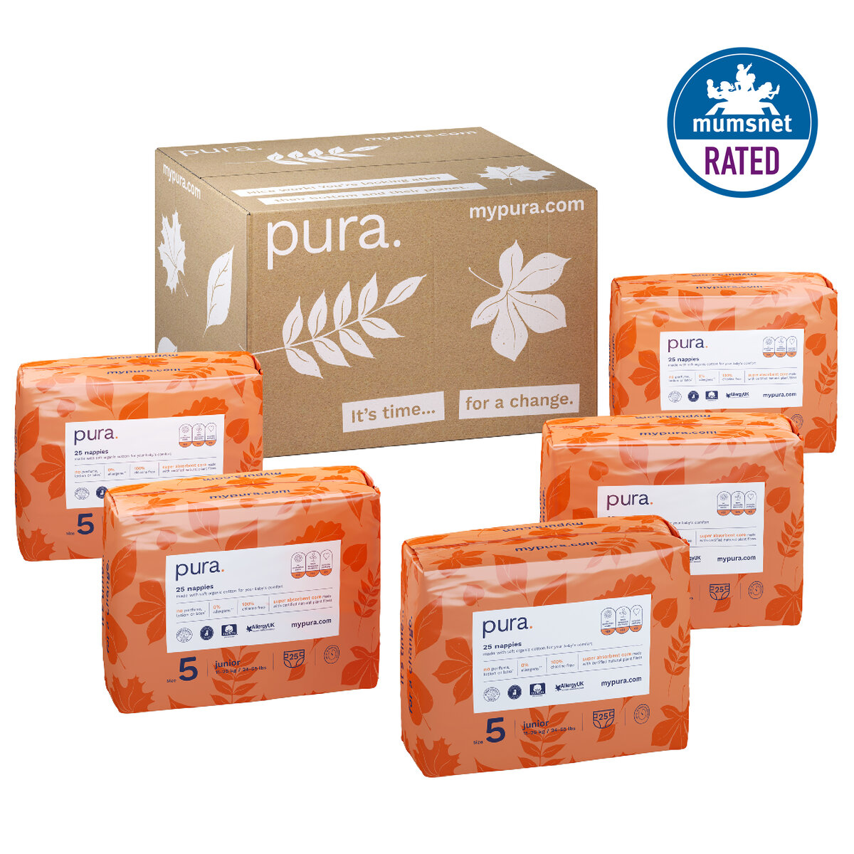 Pura High Performance Eco Nappies, Size 5 (11-25kg) 5 x 25 Pack (125 Nappies Total)