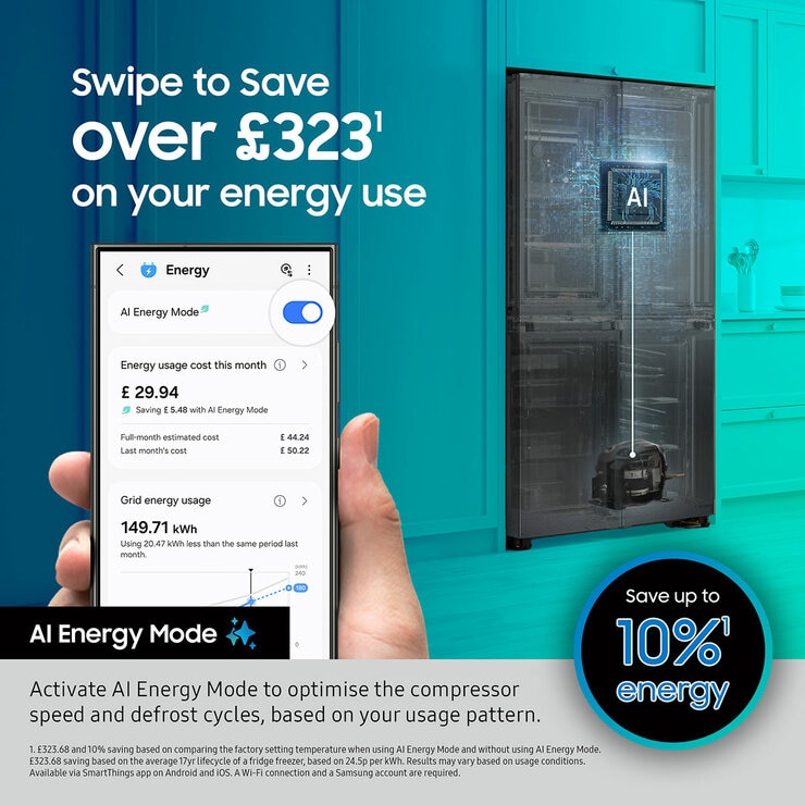 Samsung Bespoke SpaceMax RF65DB970E22EU 645L Smart Multi Door Fridge Freezer, Clean Black