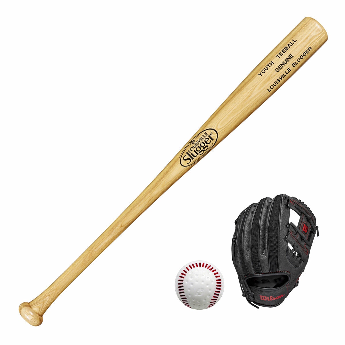 Studio image of the bat, baseball and glove