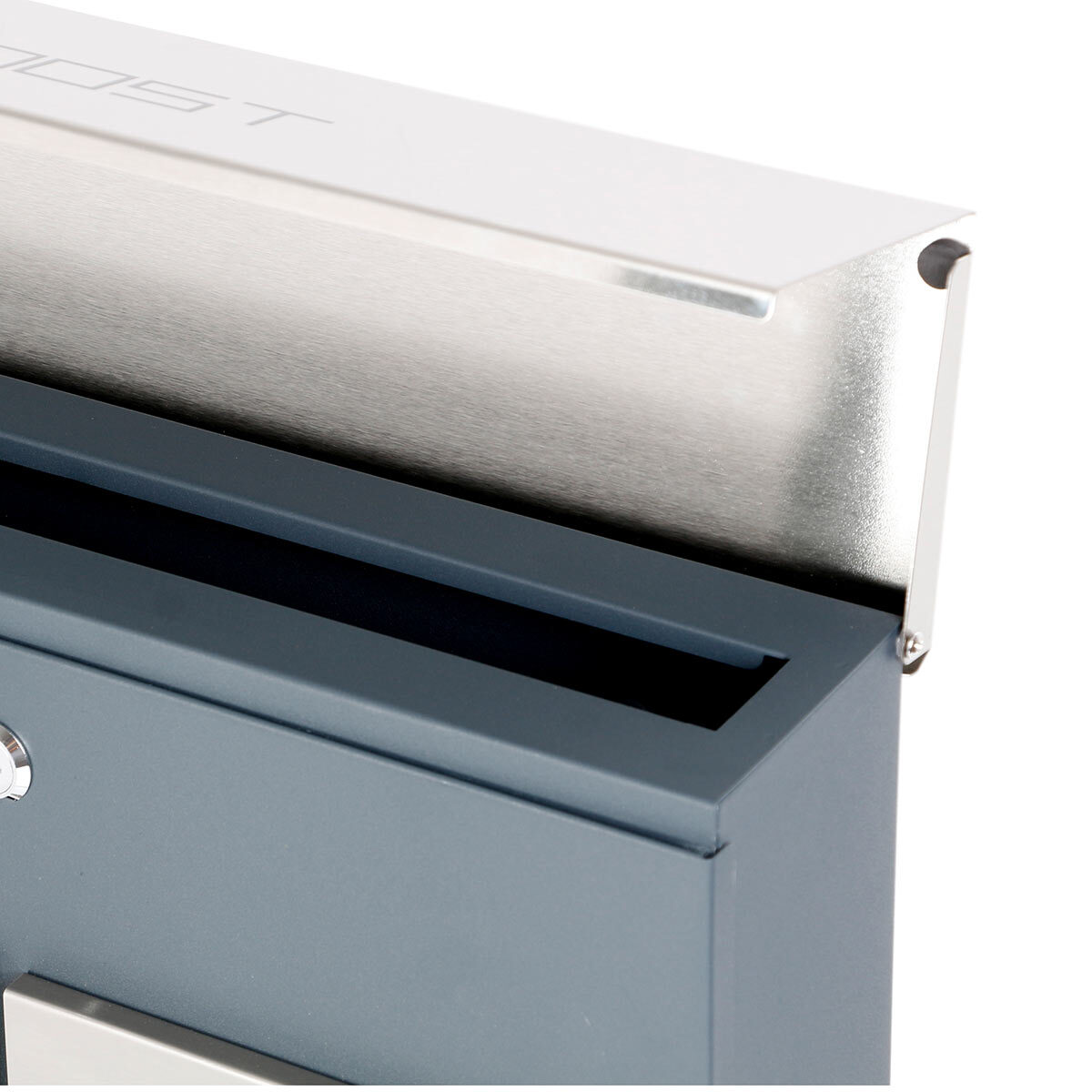 Close up image of top of letterbox with slot on white background