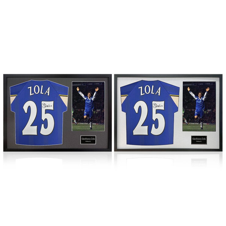 Gianfranco Zola Signed Framed Chelsea Football Shirt in Black or White Gianfranco Zola Signed Framed Chelsea Football Shirt in Black or White