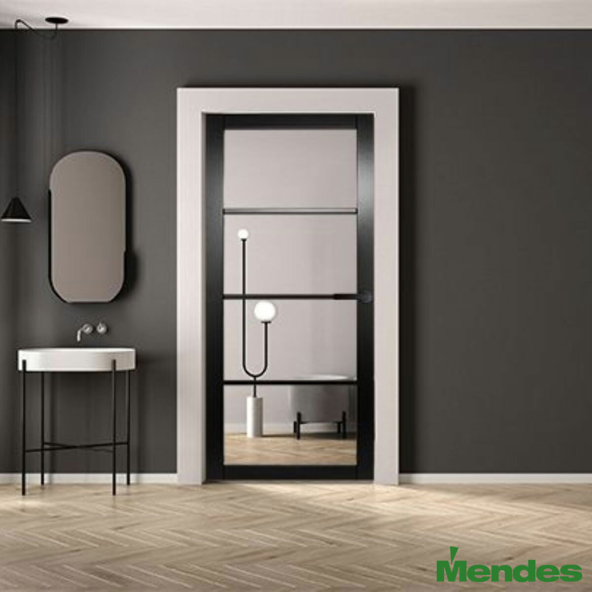 Mendes Industrial Solid Internal Door With Slim Handle Pack- Black Rome Glazed in 3 Sizes