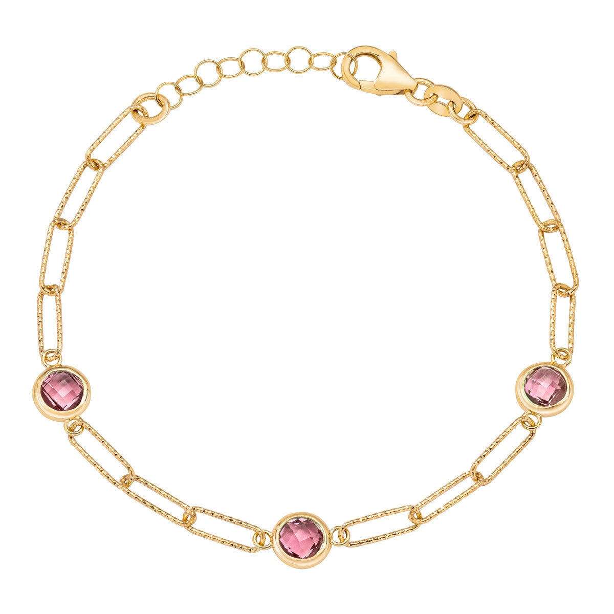 Round Cut Pink Tourmaline Paperclip Bracelet 14ct Yellow Gold