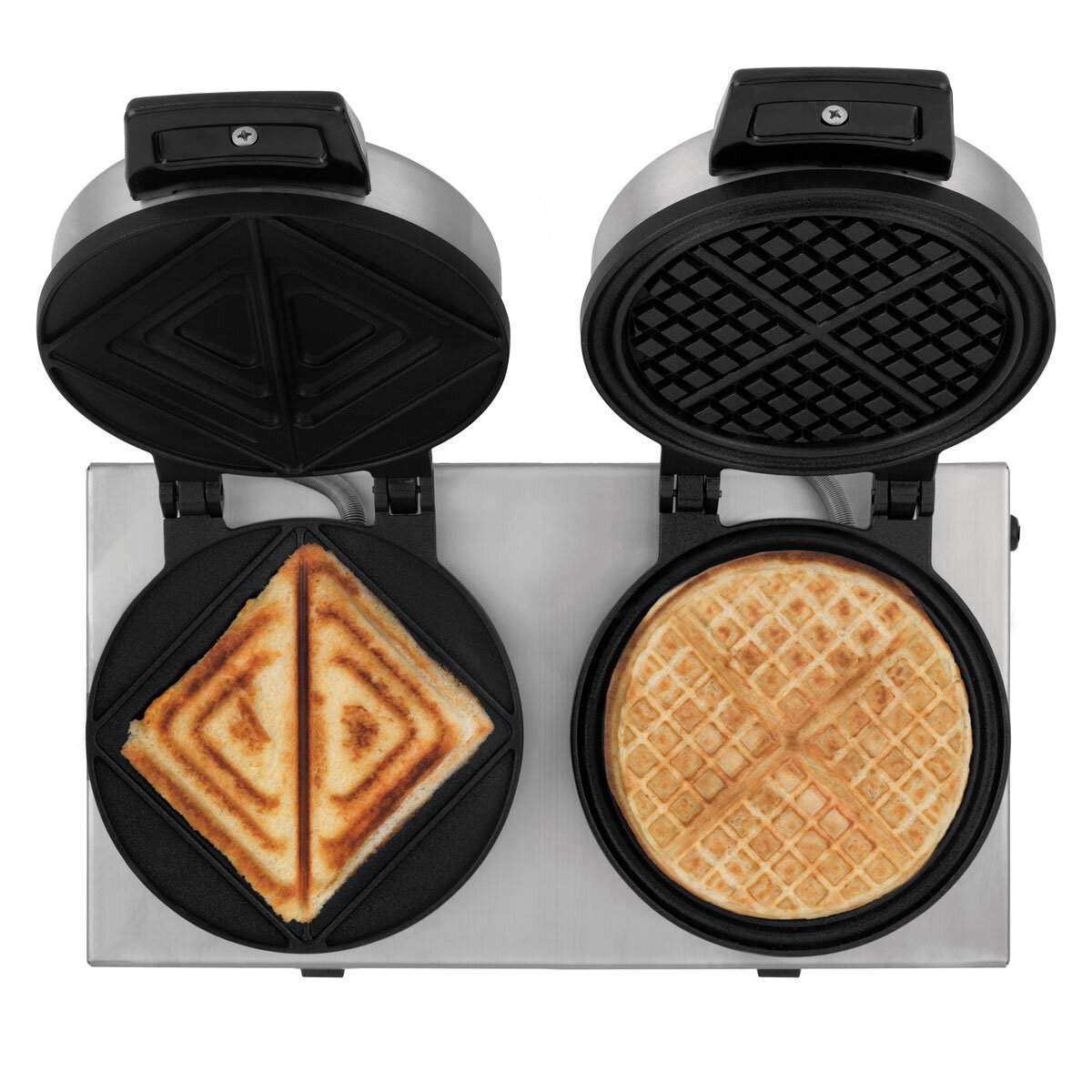 Dualit Waffle and Toaster grill open position with waffle and toastie from above