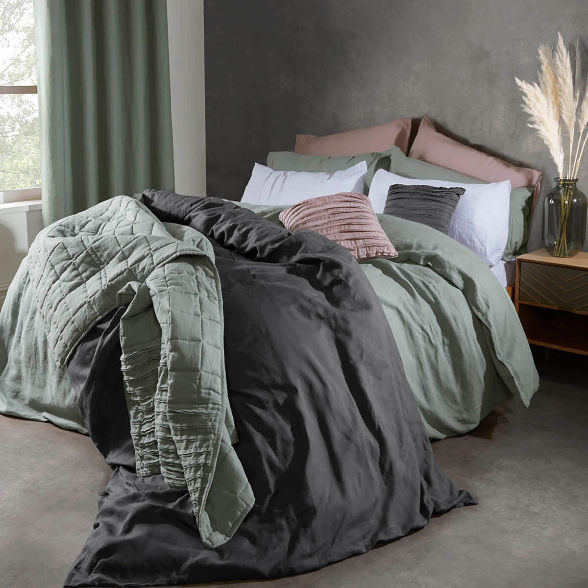 Lazy Linen 100% Washed Linen Charcoal Duvet Cover & Pillowcase Set in 4 Sizes 