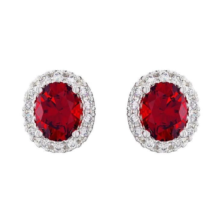 Oval Cut Ruby & 0.16ctw Diamond Halo Earrings, 14ct White Gold