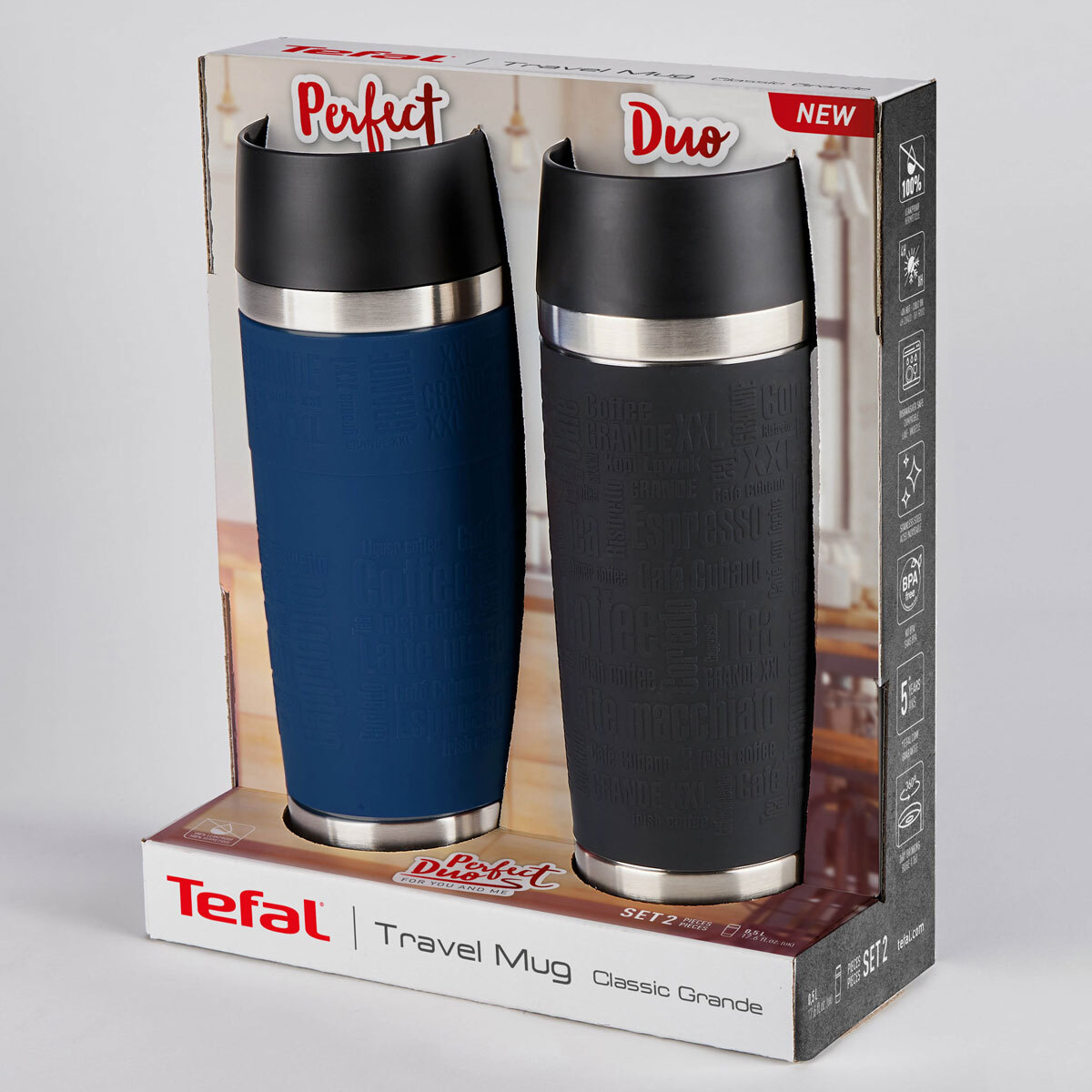 Tefal Double Wall Vacuum Insulated Stainless Steel 500ml Travel Mugs, 2