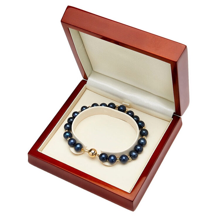 7.58mm Cultured Freshwater Black Pearl and Gold Bead Bracelet, 18ct