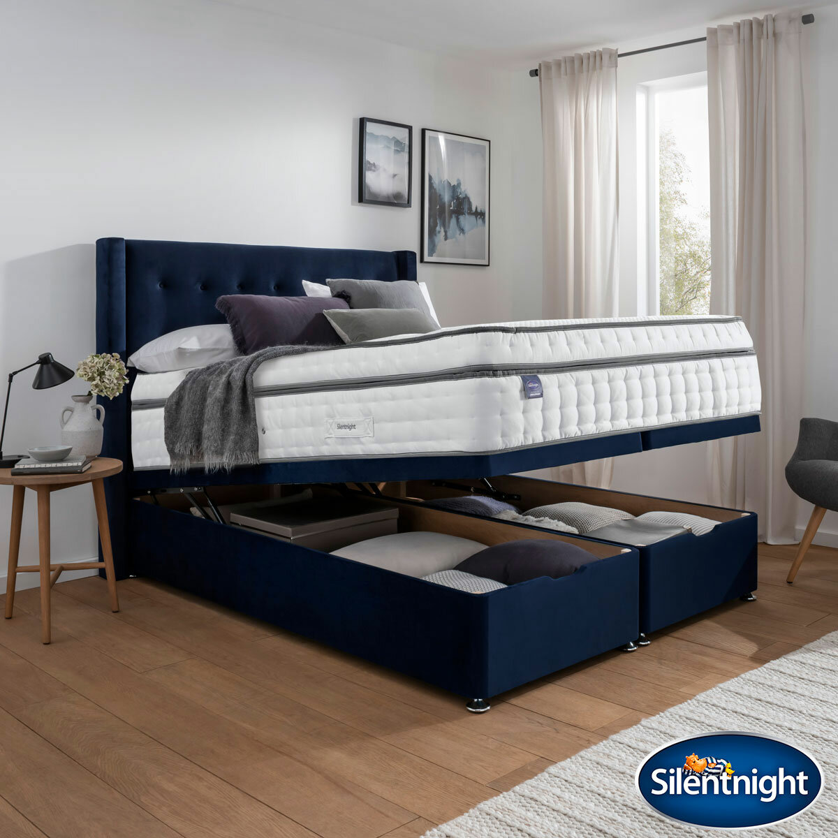 Silentnight Velvet Full Ottoman Divan Base with Bloomsbury Headboard in 2 Colours & 3 Sizes Silentnight Velvet Full Ottoman Divan Base with Bloomsbury Headboard in 2 Colours & 3 Sizes