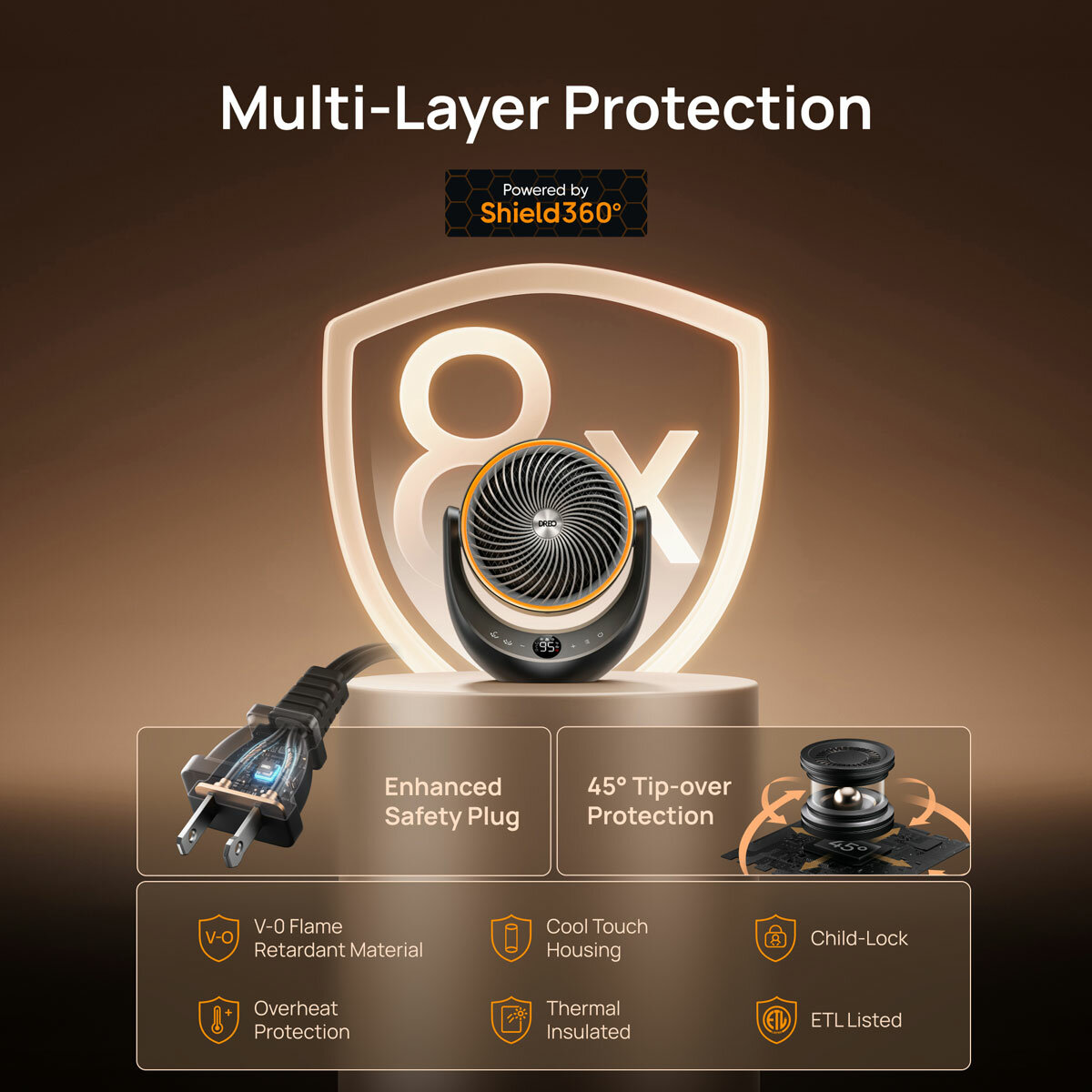 Lifestyle image of Dreo Whole Room Heater and Circulator showing multi layer protection