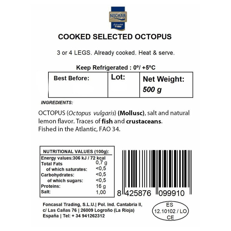 Label for 500g pack of cooked octopus