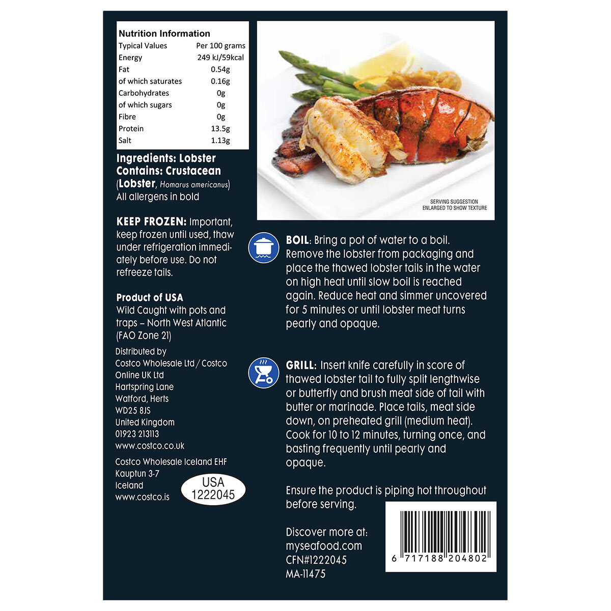 Back of packaging for East Coast Lobster Tails
