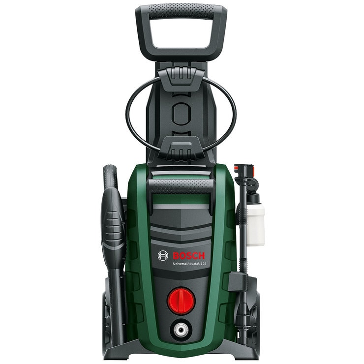Green Bosch Pressure Washer standing upright with nozzle and wires tied away