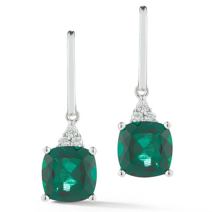 Cushion Cut Lab Emerald and 0.13ctw Diamond Earrings, 18ct White Gold