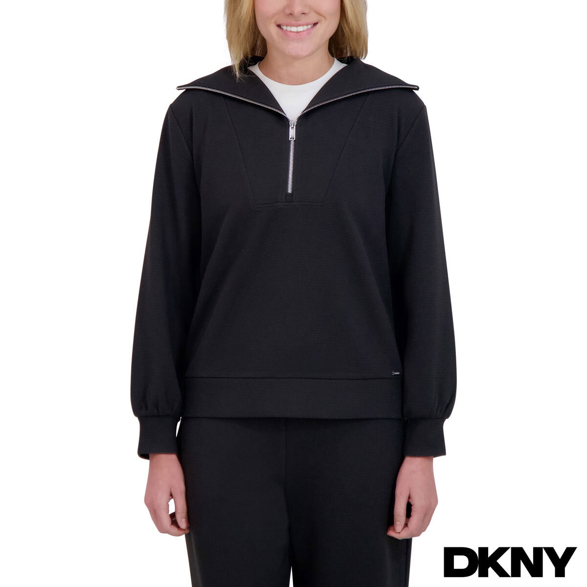 DKNY Ladies Waffle Knit 1/2 Zip in Black