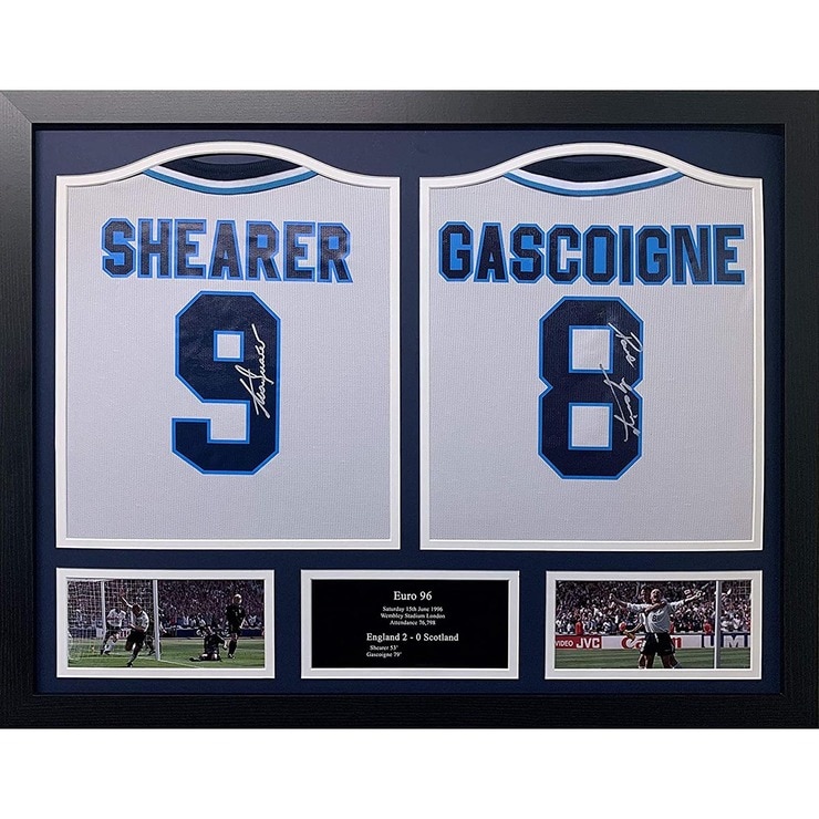 Alan Shearer & Paul “Gazza” Gascoigne double signed framed shirt display Alan Shearer & Paul “Gazza” Gascoigne double signed framed shirt display
