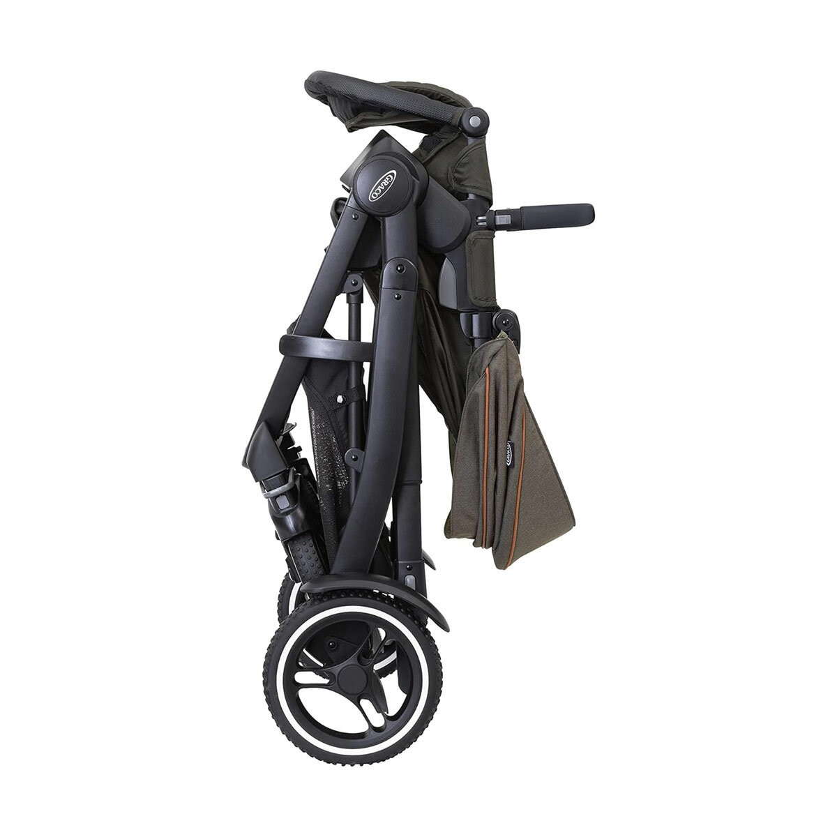 Studio image of the stroller folded down