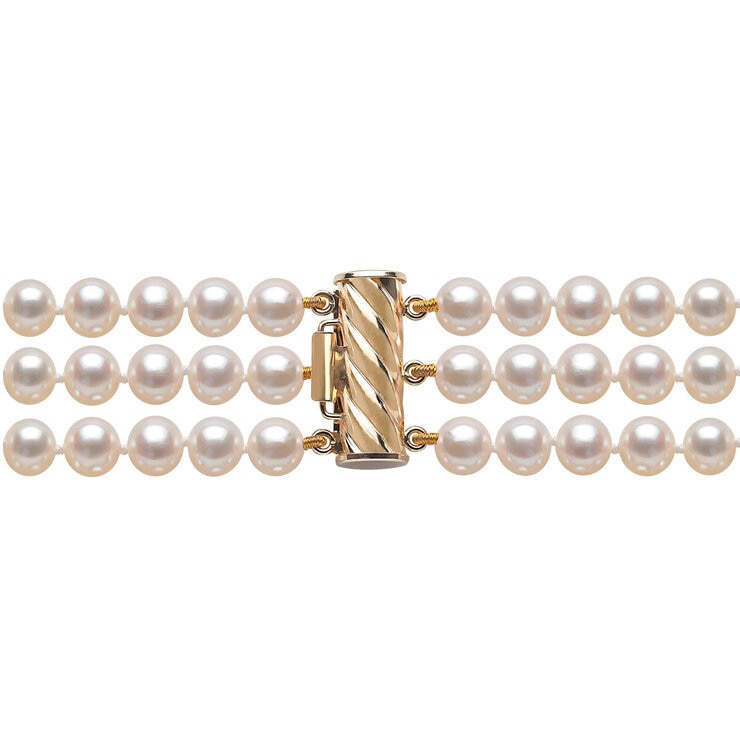5.5-6mm Cultured Freshwater 3 Row White Pearl Necklace, 14ct Yellow Gold 5.5-6mm Cultured Freshwater 3 Row White Pearl Necklace, 14ct Yellow Gold