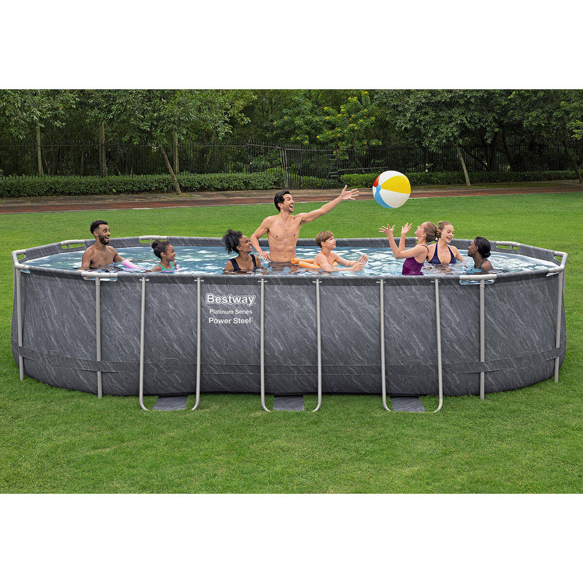 Bestway 20ft x 12ft Platinum Series Power Steel Oval Frame Pool with Sand Filter Pump and Solar Powered Pool Pad
