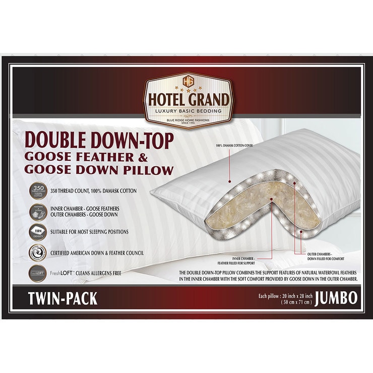 Hotel Grand Double Down Goose Feather & Down Jumbo Pillow, 2 Pack