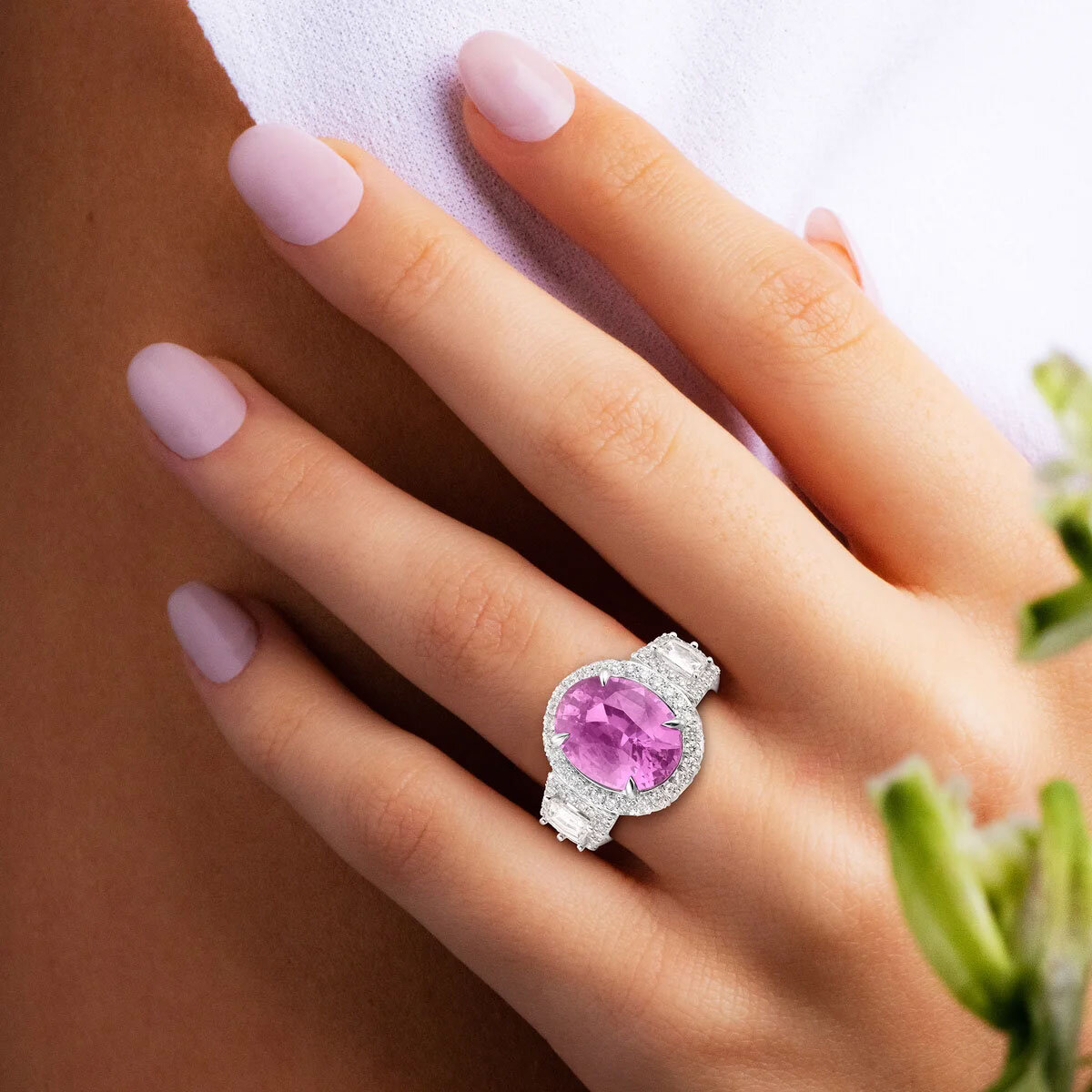 Oval Cut Pink Sapphire & 1.82ctw Diamond Ring, Platinum