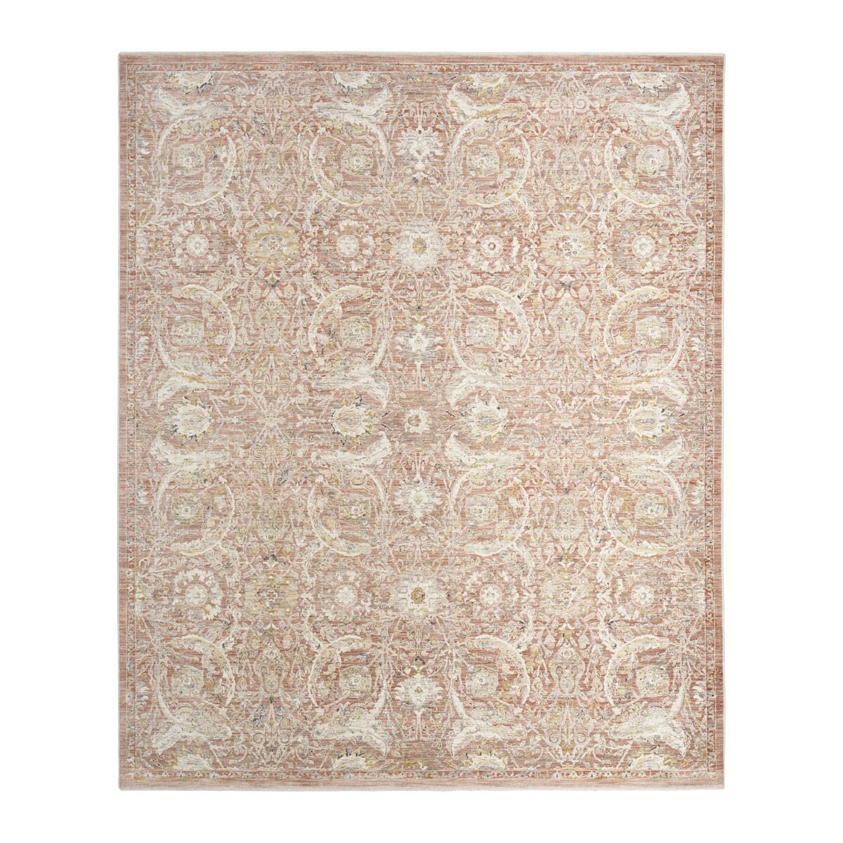 Pink and beige patterned rug with vintage-style floral and geometric motifs Pink and beige patterned rug with vintage-style floral and geometric motifs