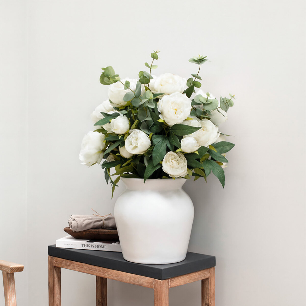Artificial Peony & Eucalyptus Bouquet in Vase in White