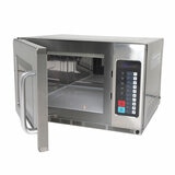 Slanted profile of Contender Commercial 1800W Microwave Oven with door opened