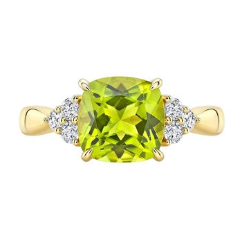 Cushion Cut Peridot & 0.19ctw Diamond Ring, 14ct Yellow Gold