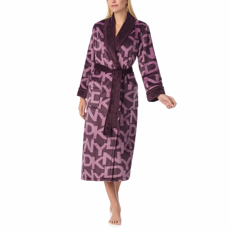 DKNY Shawl Collar Long Plush Robe in Purple