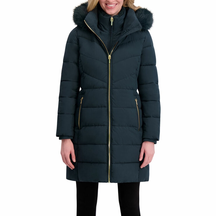 Halston Ladies Hooded Walker Coat in Green