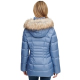 Andrew Marc Women's Short Down Jacket with Faux Fur Trim Hood in Dusk Blue, Medium