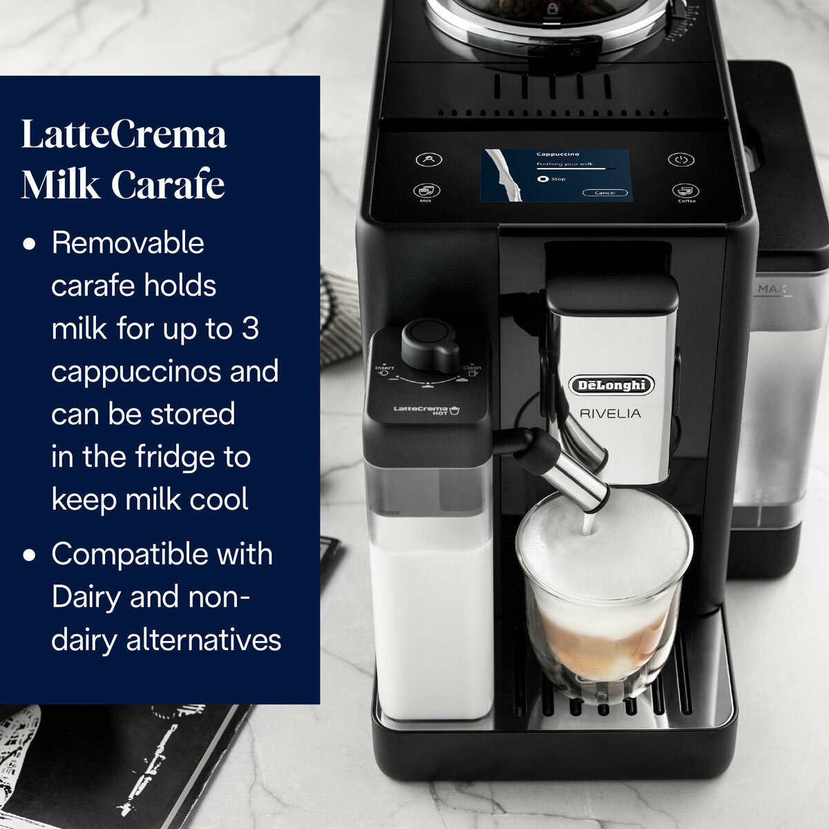 Lifestyle images of De'Longhi Rivelia Bean-to-Cup Coffee Machine with LatteCrema Milk Carafe
