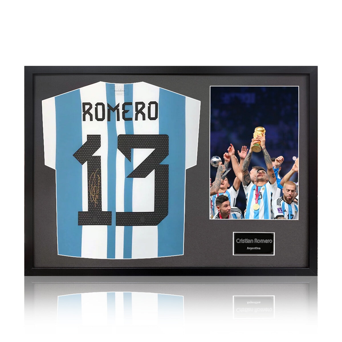 Christian Romero Signed Framed Argentina Football Shirt including 1 Photo in 2 Options: White or Black Mount