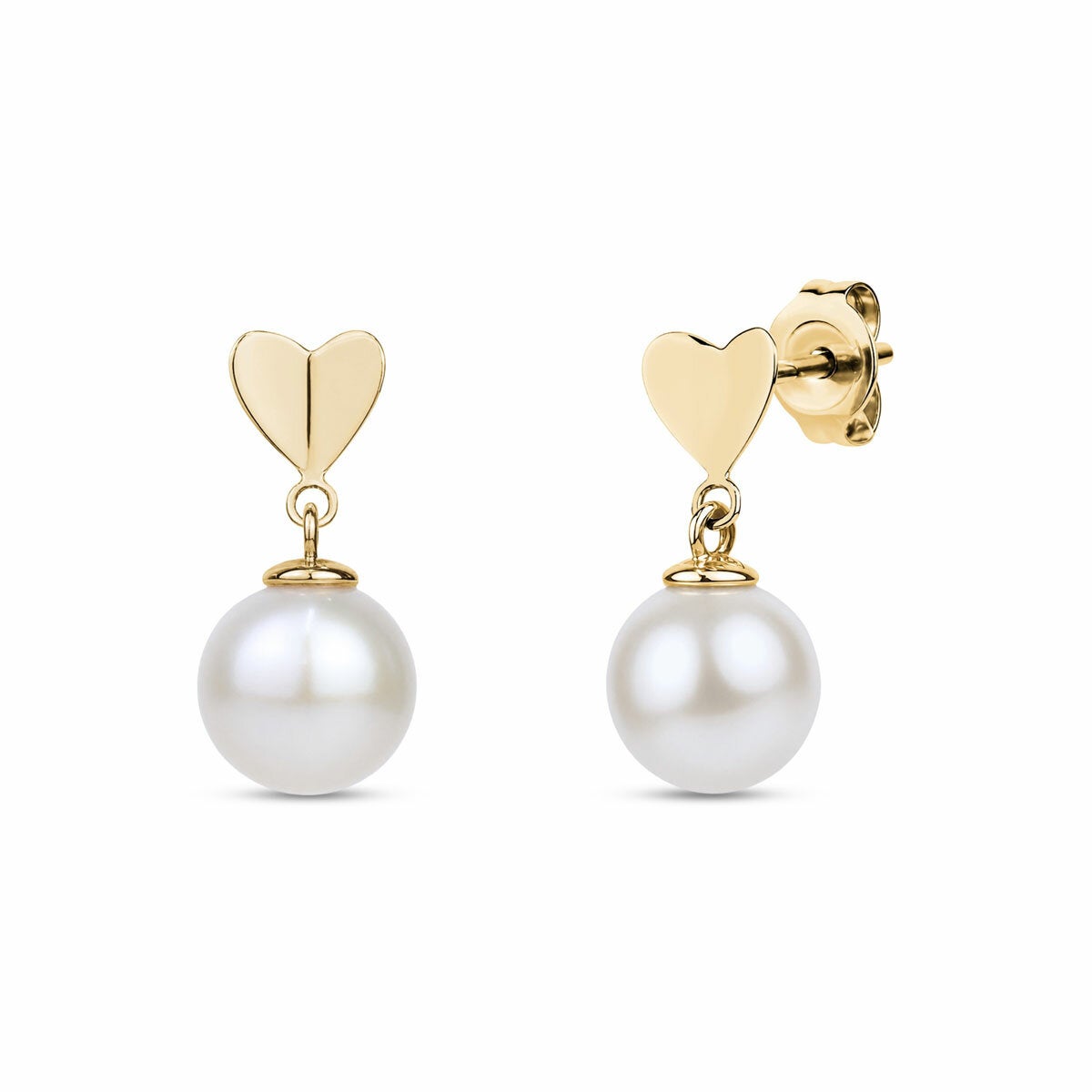 10.5-11mm Cultured Freshwater White Pearl Heart Drop Earrings, 14ct Yellow Gold