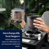 Lifestyle images of De'Longhi Rivelia Bean-to-Cup Coffee Machine featuring interchangeable bean hoppers