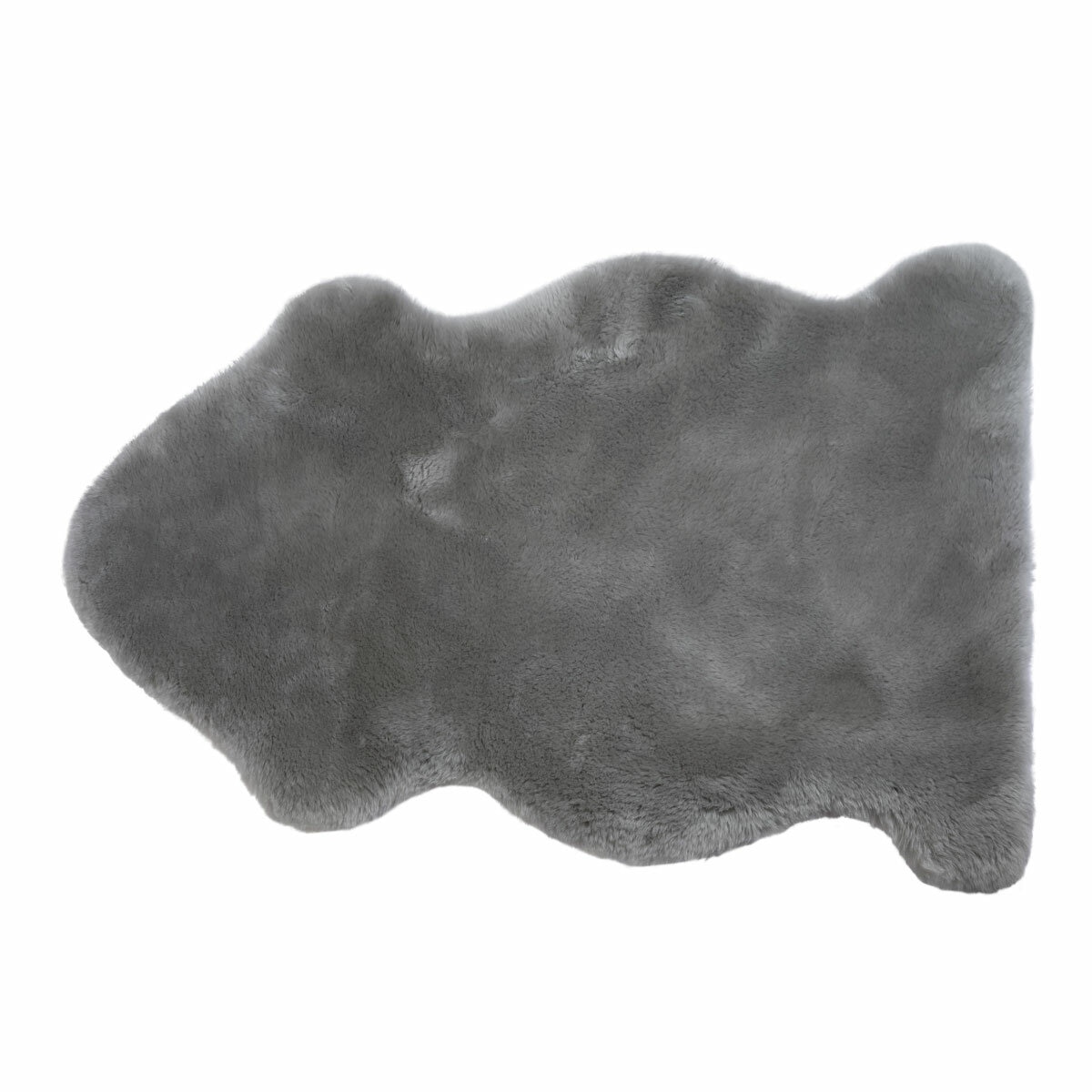 Grey lambskin-style rug with an irregular, cloud-like shape and soft, fluffy texture