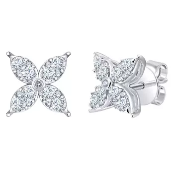 0.90ctw Round Brilliant Cut Diamond Flower Stud Earrings, 14ct White Gold