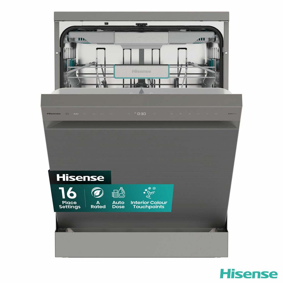 Hisense HS693A90XADUK 16 Place Settings, Freestanding Dishwasher, A Rated, in Silver